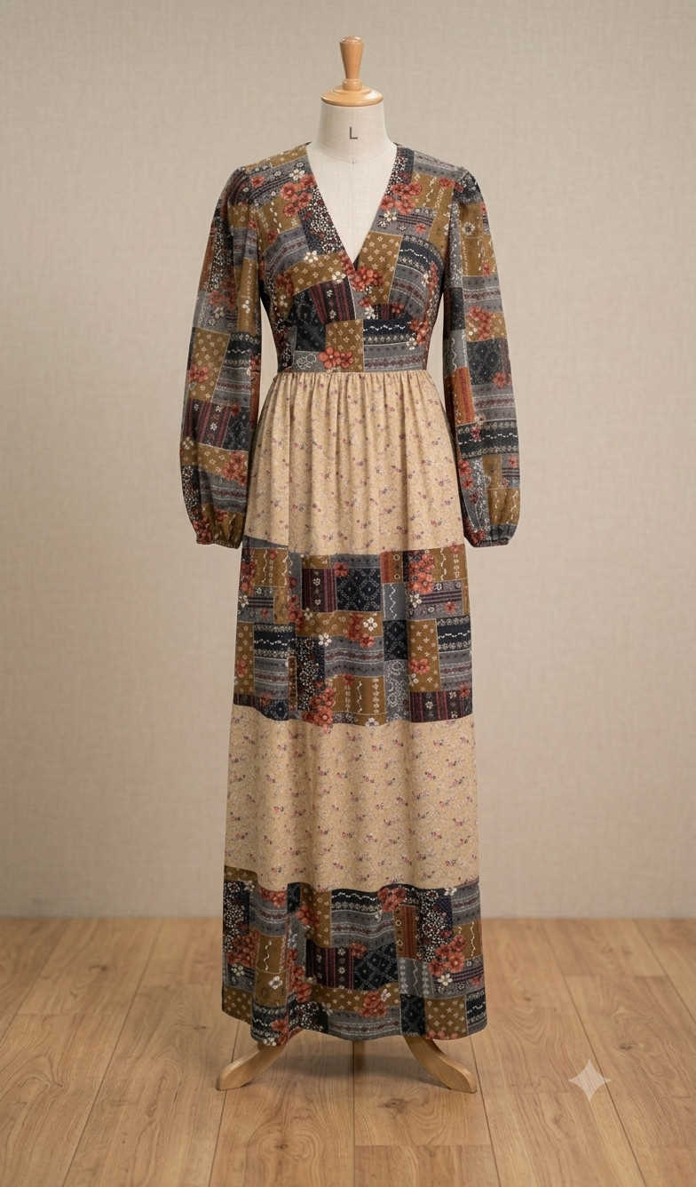 Vintage 70s Patchwork Maxi Dress Womens XS Prairie Cottagecore Boho Floral Long