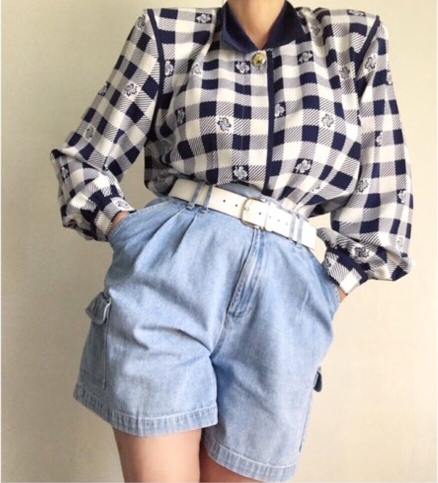 Vintage Blue White Checked Plaid Blouson Blouse Tartan Casual Or Business