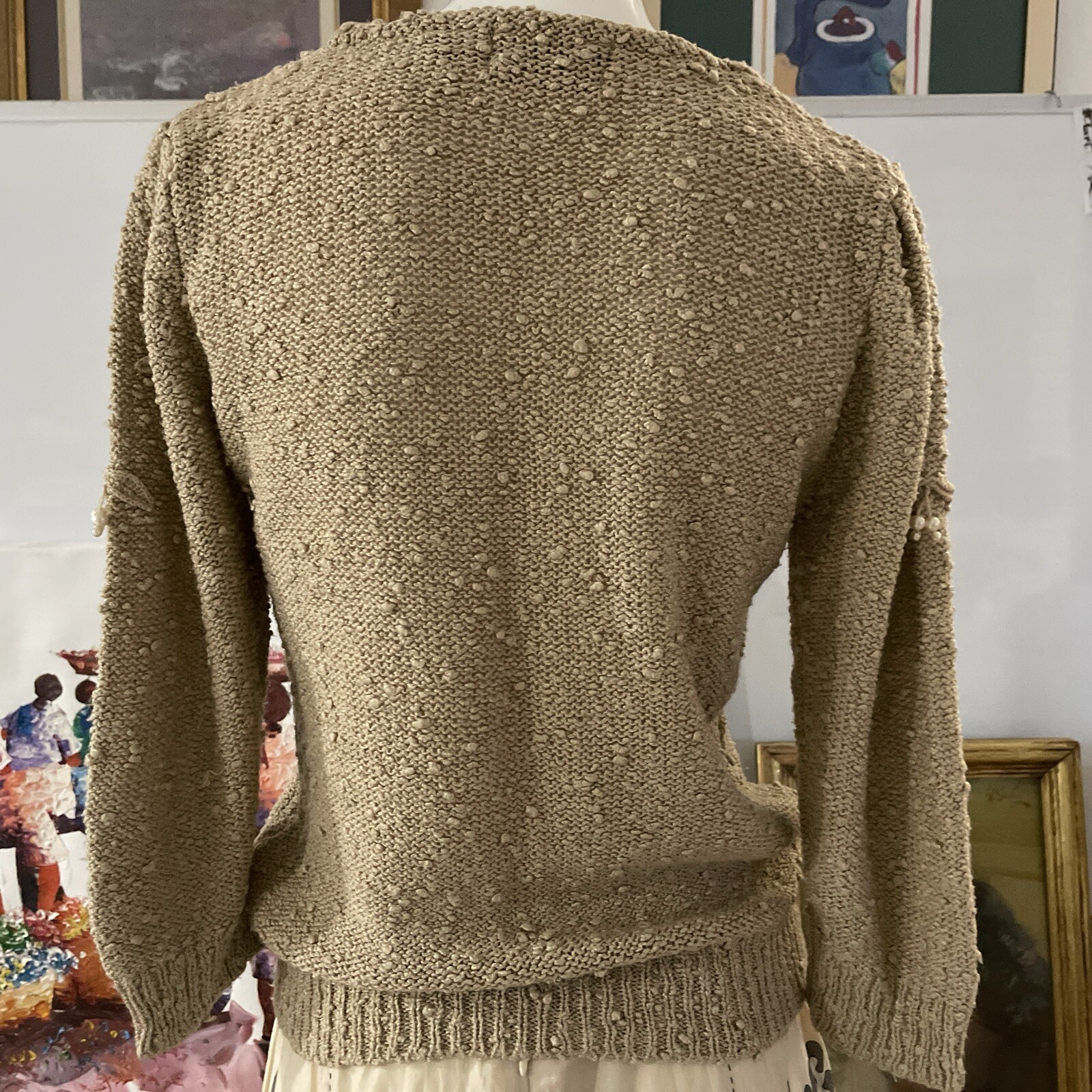 Le Roy Knitwear Vtg 60s With Faux Pearl Sweater Blouse Brown Sz S/M