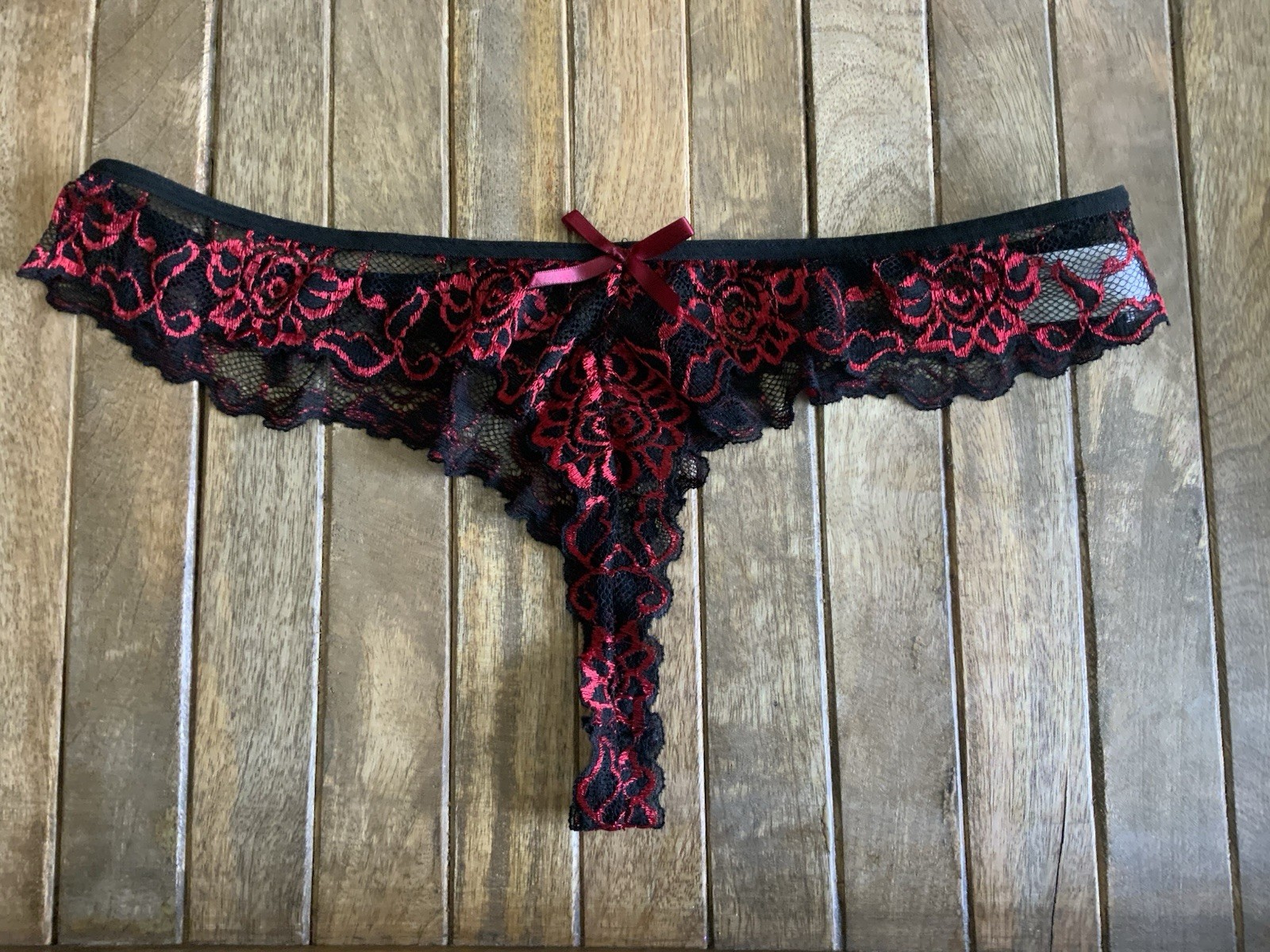 Vtg 2X Black & Red Coquette Lace French Cut Bikini Thong String Panties