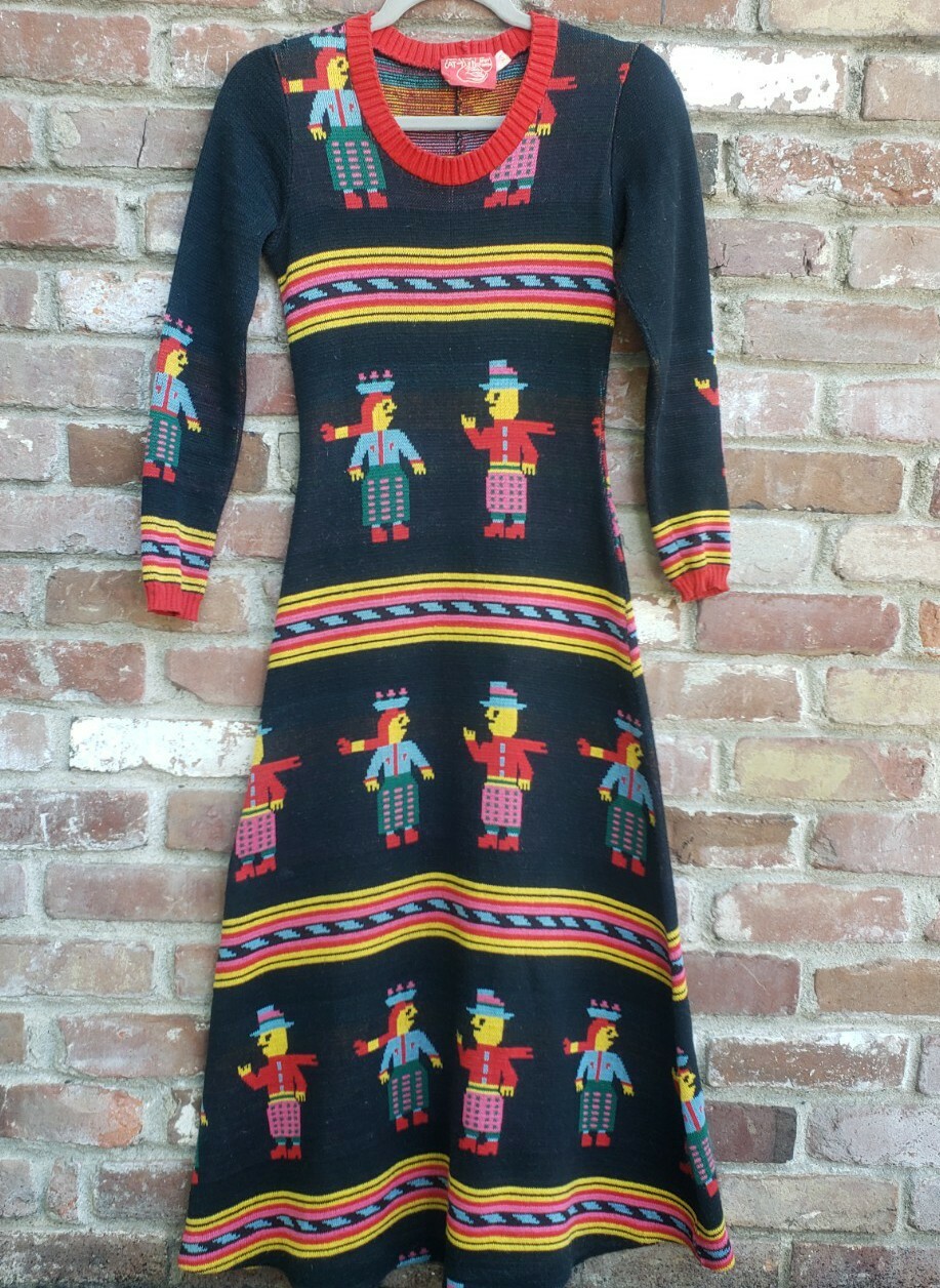 Vintage 1971 ALLEY CAT by Betsey Johnson „HAPPY PEOPLE” SWEATER DRESS Size 7/8