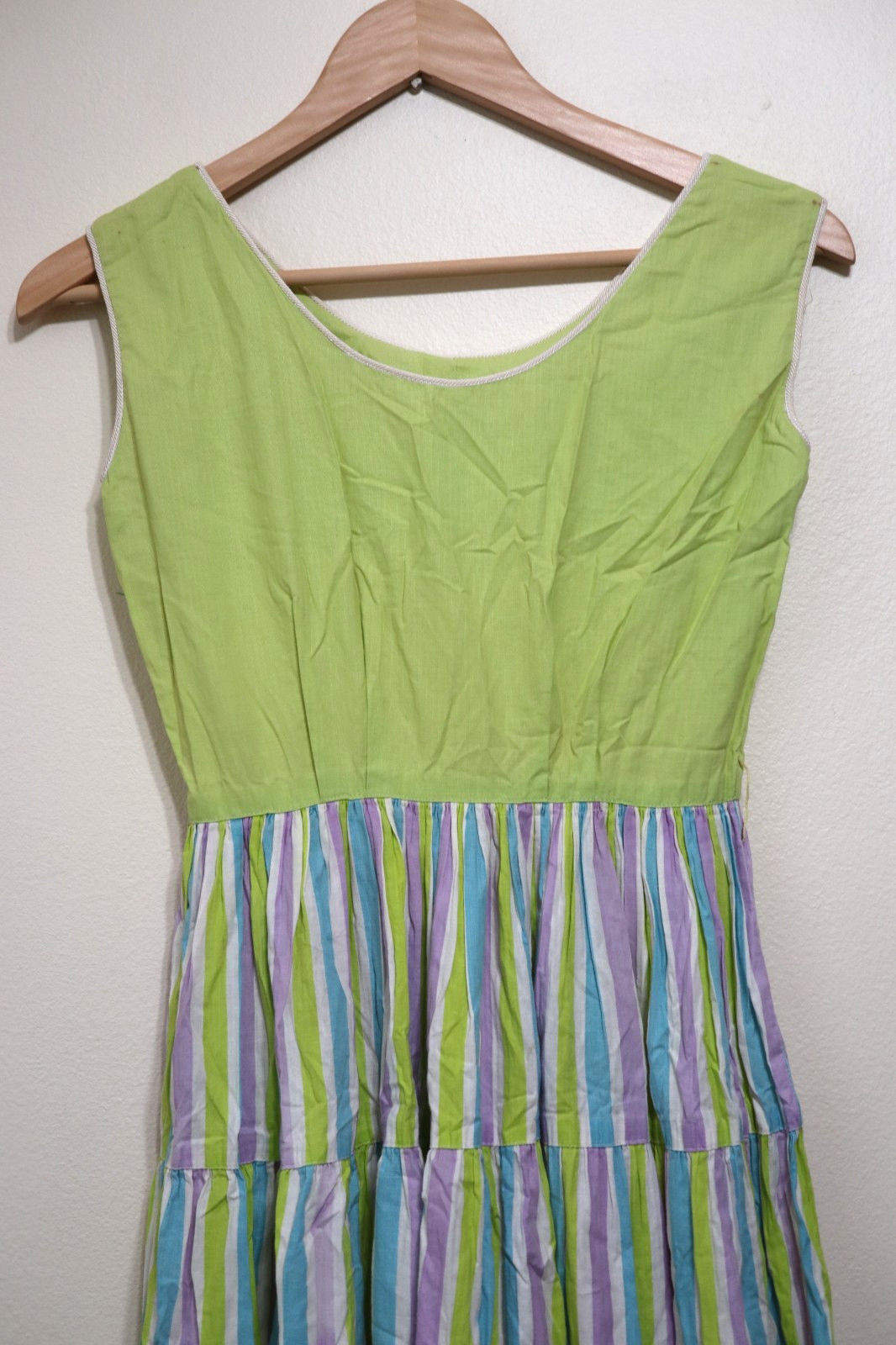 50s Abby Kent Chartreuse Stripe Sleeveless Tiers Full Skirt Day Dress Women XS 0