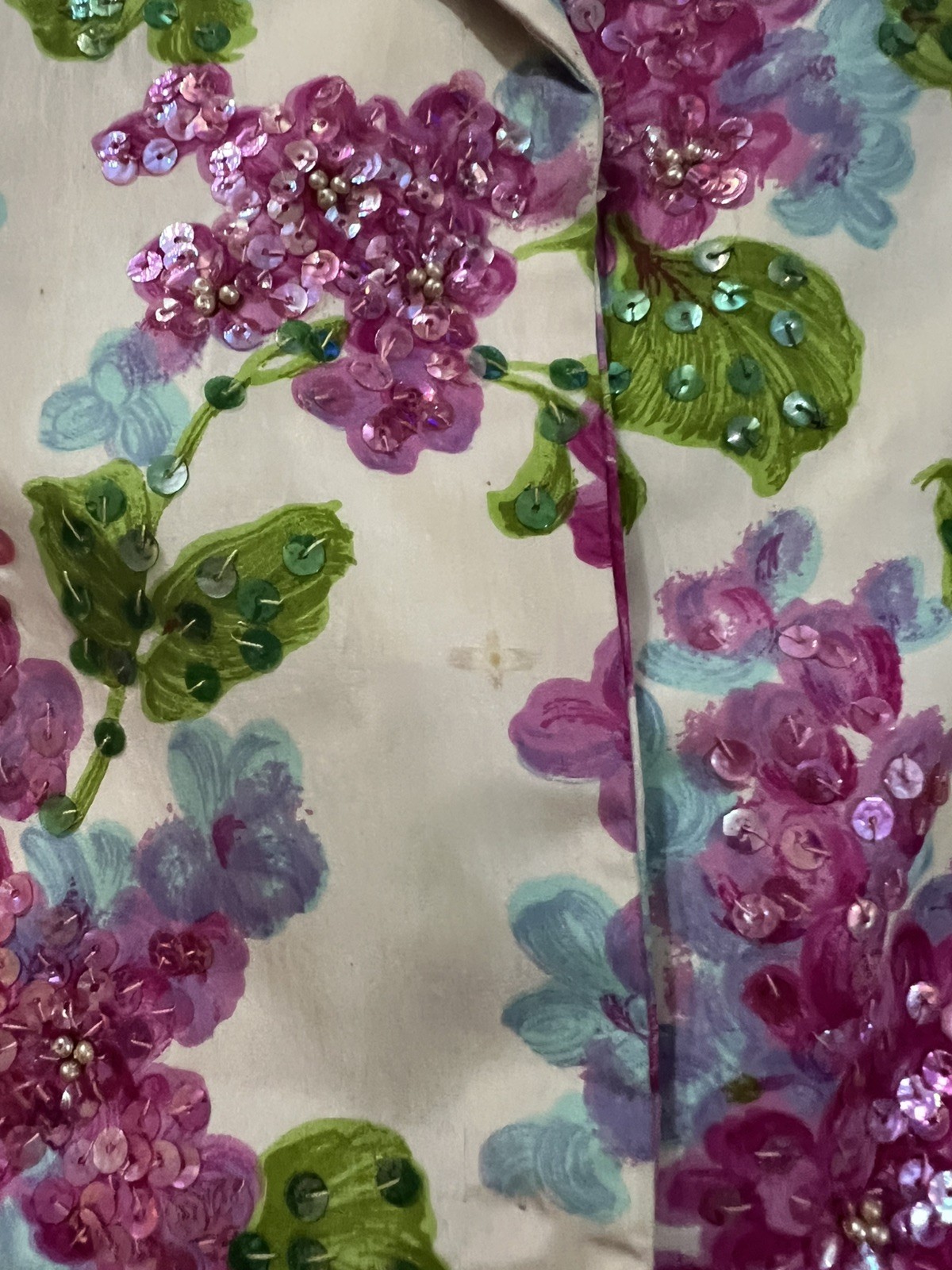Vintage 50s Jo Ro Imports Beaded Sequins Blouse Jacket White Floral Size 12 M/L