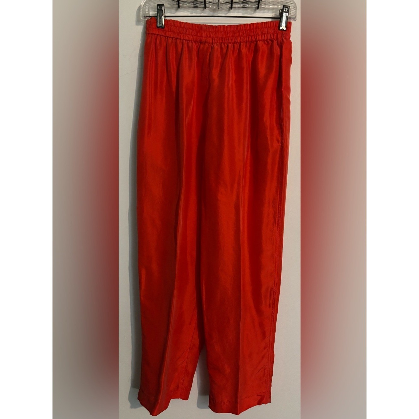 Vintage Russ Womens Red Orange Silk Elastic Waist Straight Leg 8 Pants Pockets