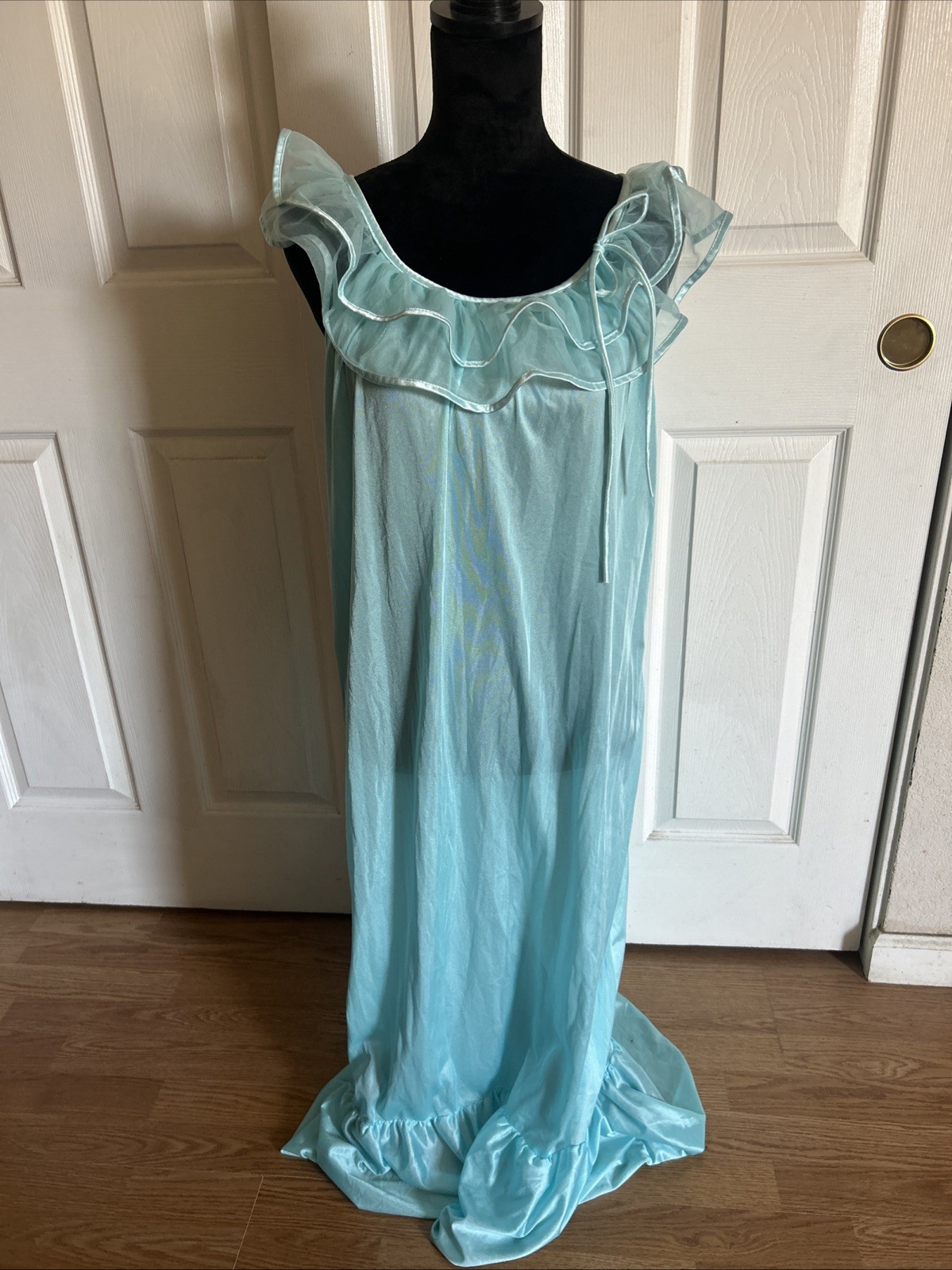Vintage Spotlight M Nightgown USA Sheer Ruffled Neck W/Bow Ruffled Hem Icy Blue