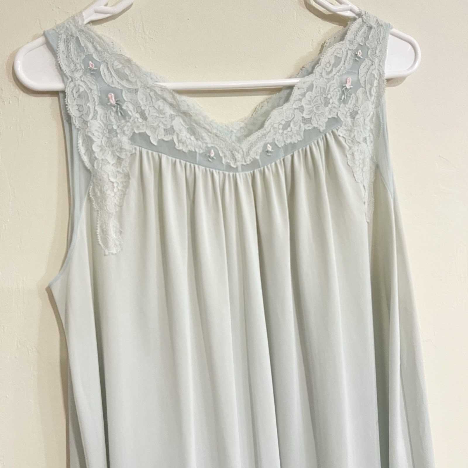 Vintage Shadow Line Lace Satin Light Blue Nightgown Babydoll Romantic Size M