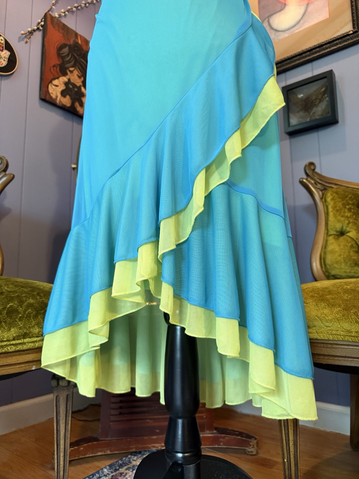 Vtg Y2K City Triangles Turquoise And Green Asymmetrical Spaghetti Strap Dress L