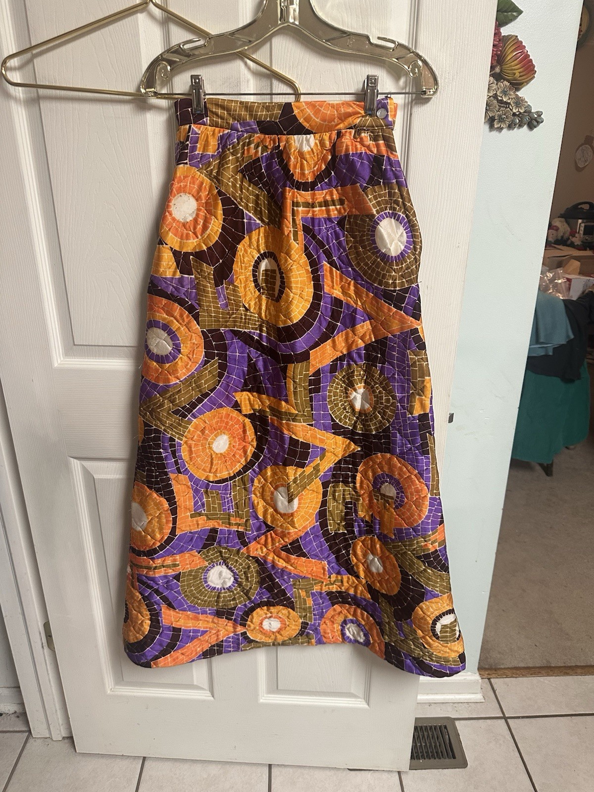 VNT 60s Women’s Quilted Mod Abstract Colorblock Print Maxi Skirt Sz XS/S 24×41