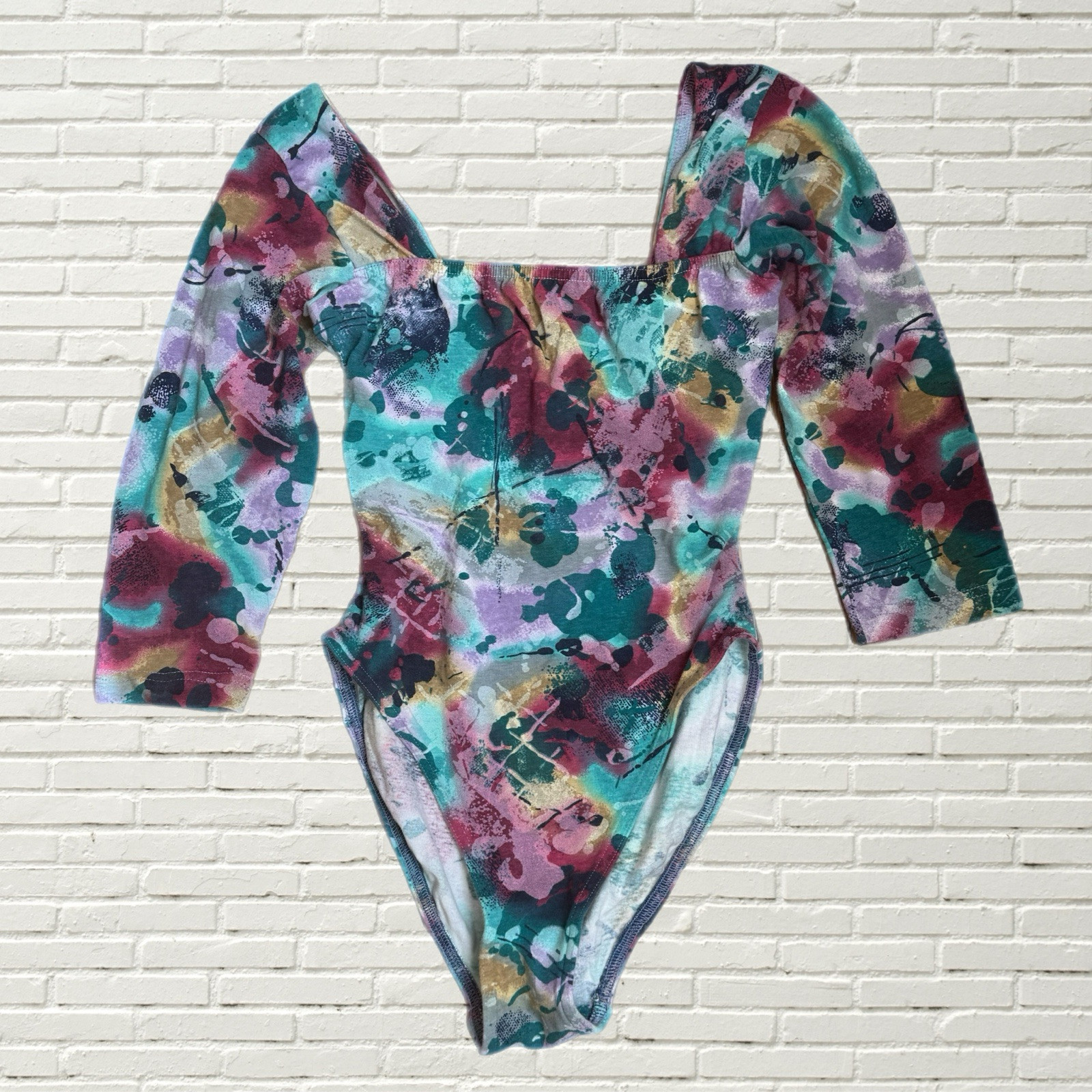 Vintage 80s Aerobic Workout Set – Abstract Print Bodysuit & Biker Shorts Xs/s