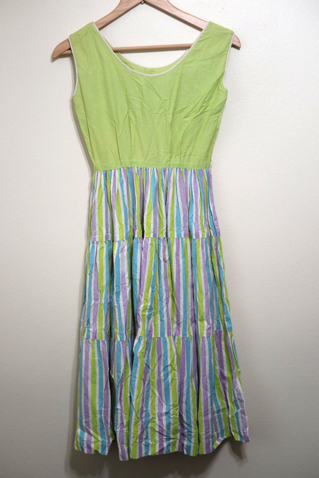 50s Abby Kent Chartreuse Stripe Sleeveless Tiers Full Skirt Day Dress Women XS 0