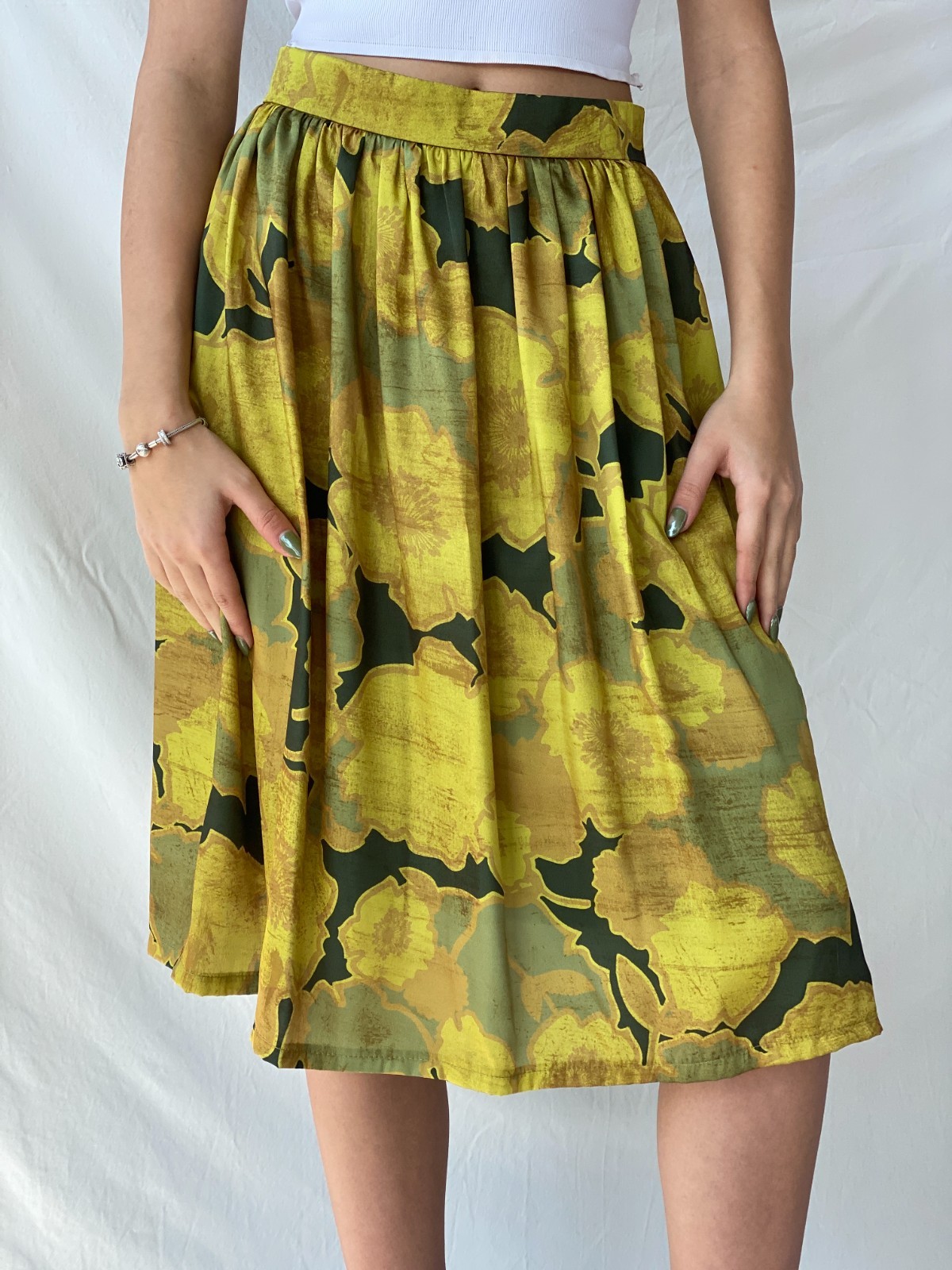 Vintage La Fée Maraboutée Yellow & Green Floral Midi Romantic Botanical Skirt M