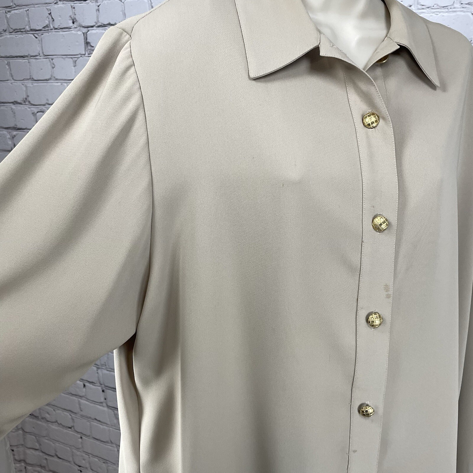VTG Da Rue Tan Blouse Skirt Set Gold Button Long Sleeve USA Made Plus Size 18/20