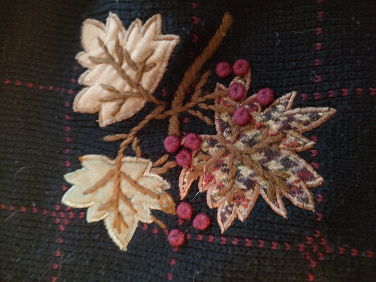 Vintage Black Cottagecore Cardigan Embroidered Fall Leaf Size 20/22W -P20