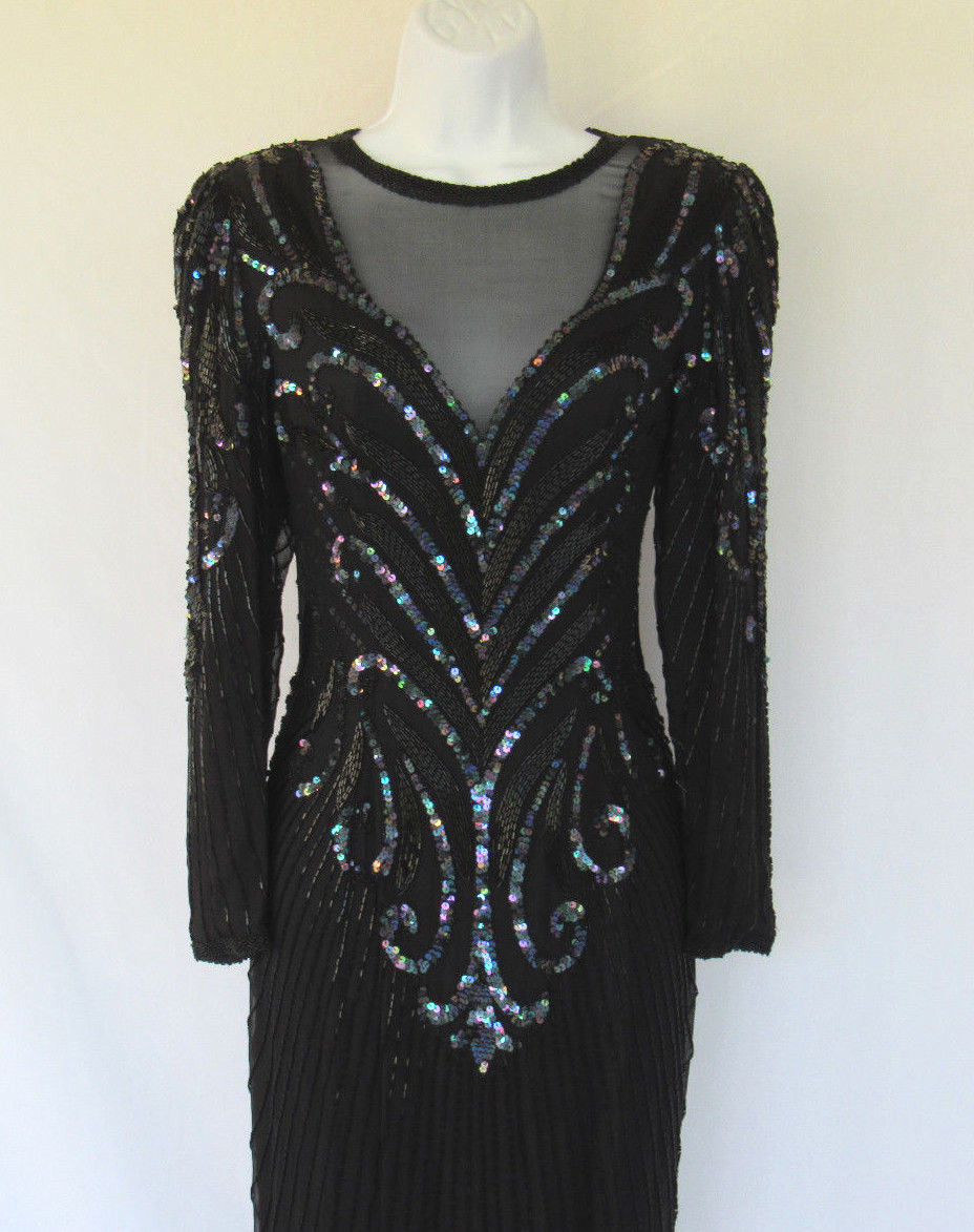 VTG A.J. BARI BLACK SILK SEQUIN BEADED DRESS SIZE 8 RAYON INNER LINING