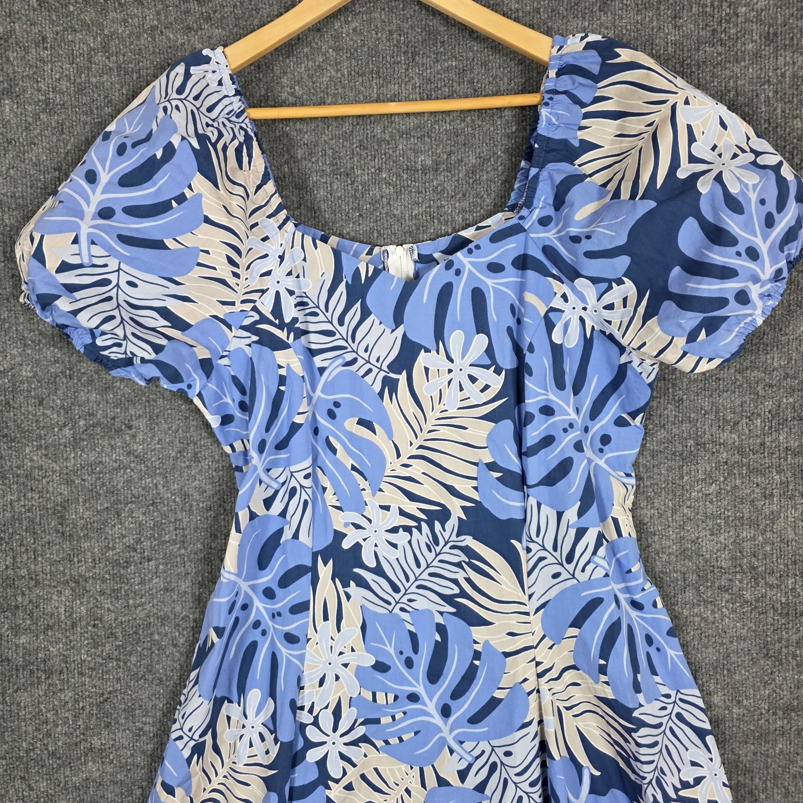 Vintage Hawaiian Togs Dress L Blue Tropical Floral Maxi Puff Sleeve Luau USA 70s