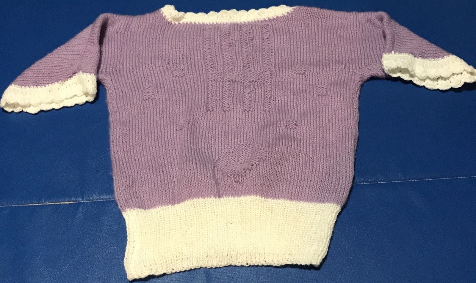 VTG 80s Homemade Hand Knit purple and white Short Puffy Sleeves Sweater M B24