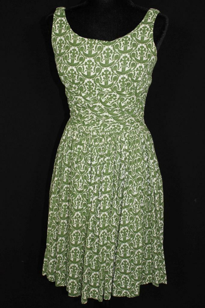 RARE VINTAGE 1950’S GREEN & WHITE COTTON FANCY SUN DRESS SIZE 4-6 EX CONDITION