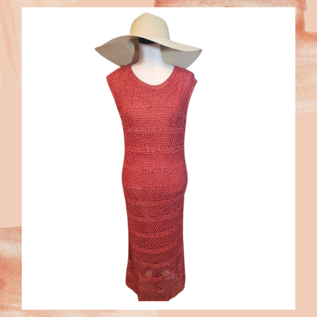 J. Mangnin Vintage Rust Crochet Net Shift Dress Size Medium