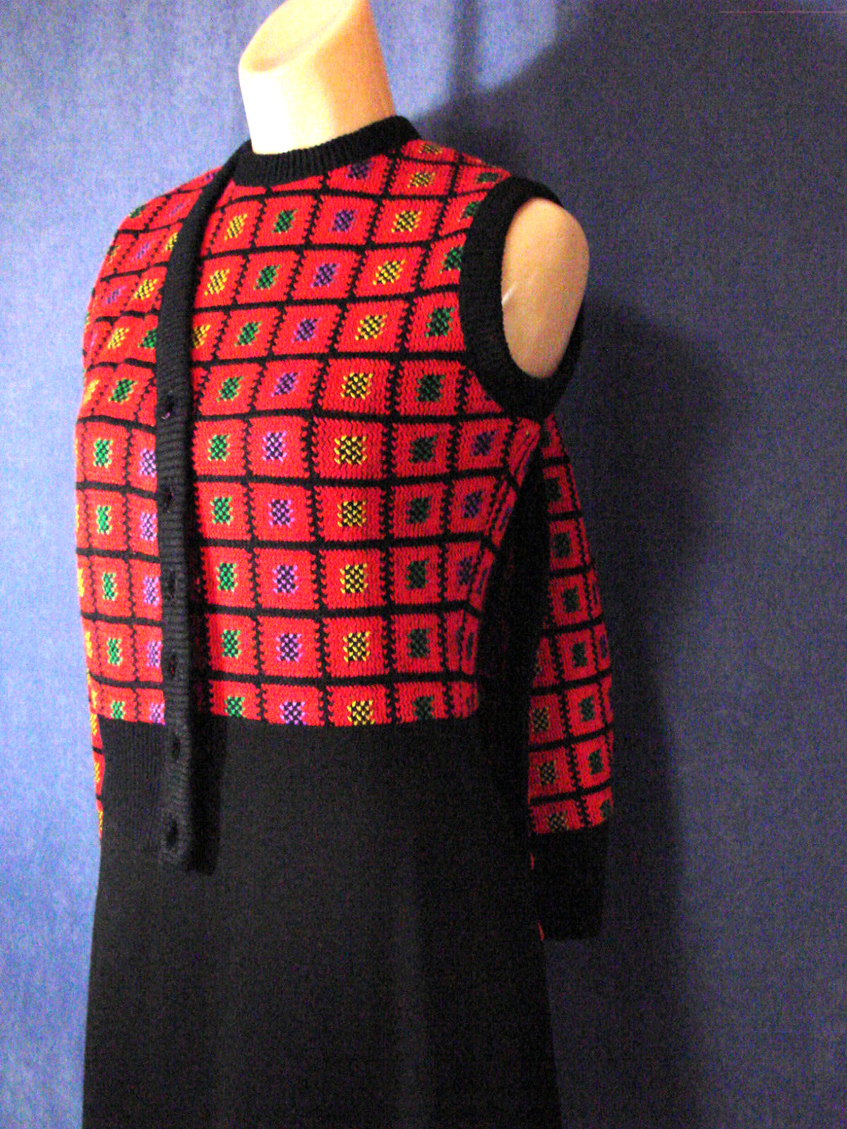 VTG 70s 2 pc Dress Jacket Set Suit RED CHECK VGC XS S Sweater Knit Poly Alfreda