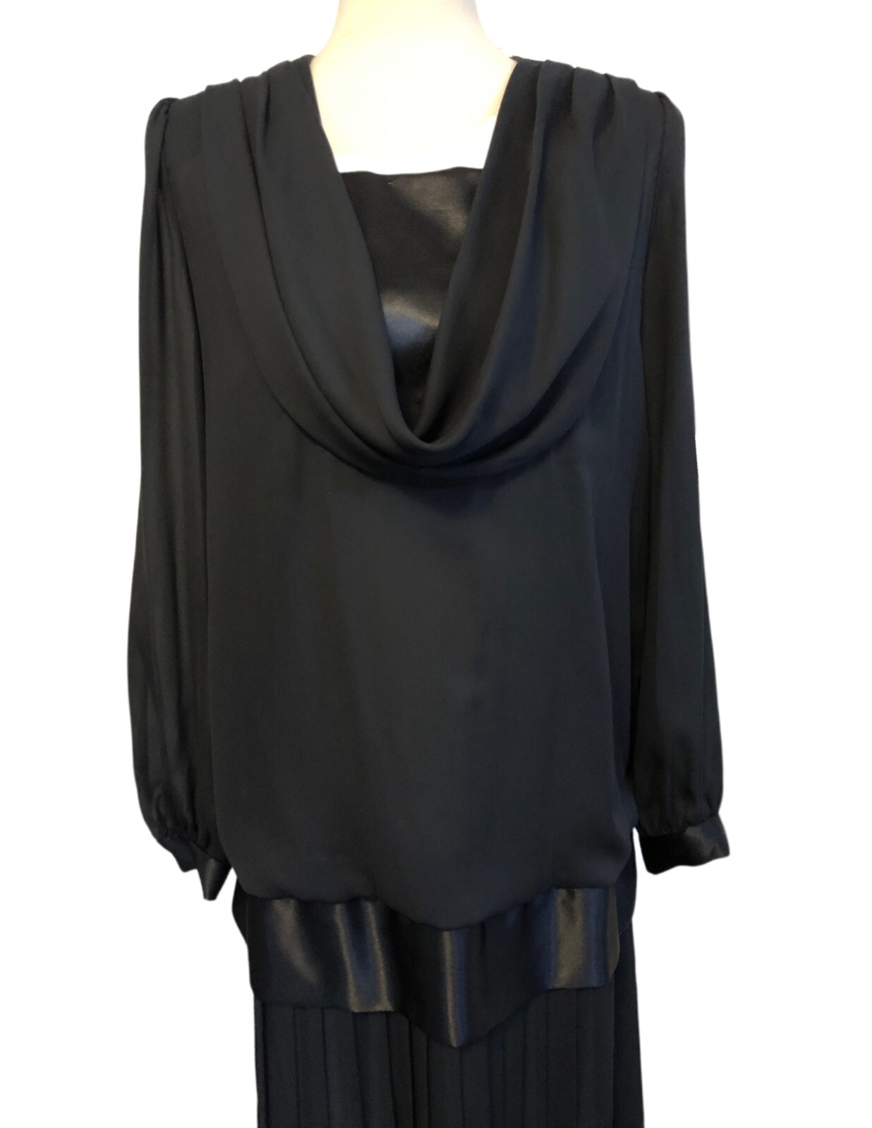 vtg LADY CAROL Black Chiffon Blouson Dress Sz 14 Pleated Drop Waist 80s 90s