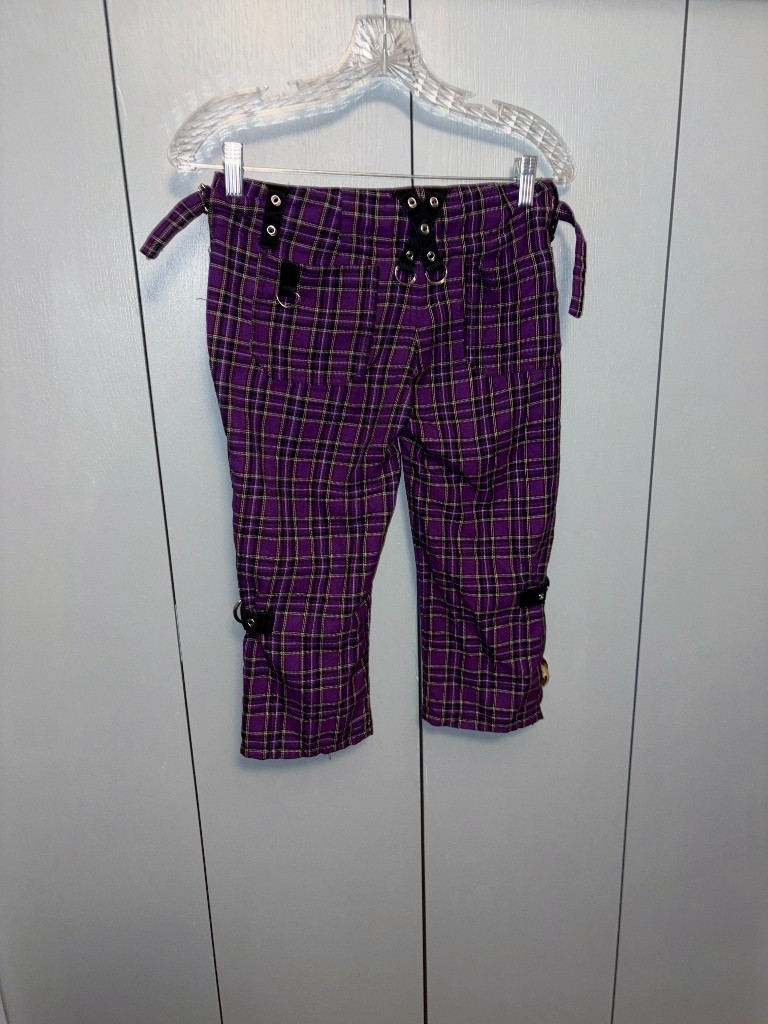 Y2K Tripp NYC 1 purple Tartan Plaid Skinny Capri Pants D ring & Metal Grunge Zip