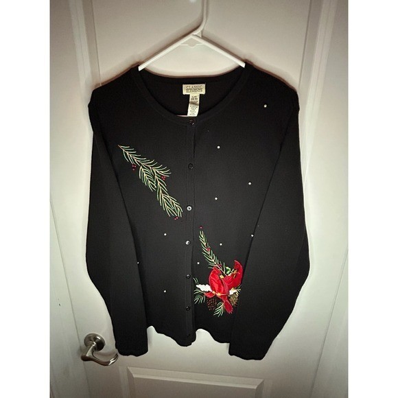 Vintage 90’s Classic Elements Cardinal Birds Embroidered Pearls Cardigan Sweater