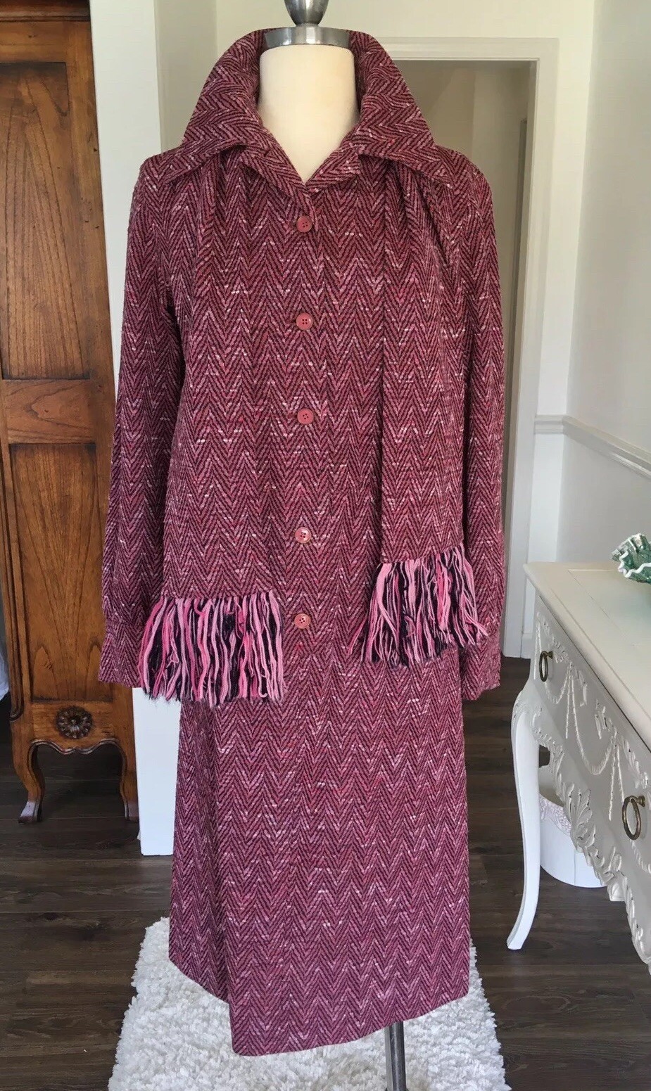 Vintage Heather PURPLE & Pink Tweed DRESS Herringbone Print By KIMBERLY w/ SCARF