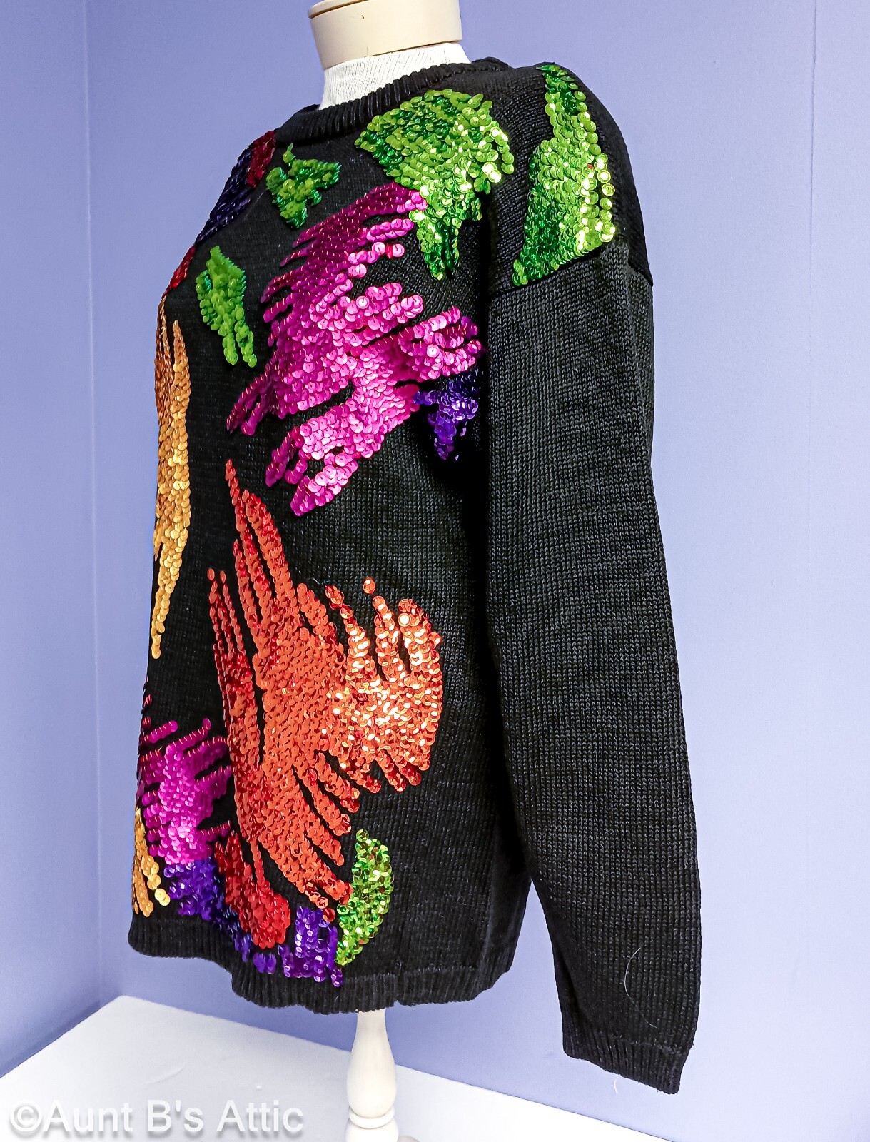 Vtg 80’s Eminent Blk Cotton Pullover Sweater W/Colorful Abstract Sequin Design L