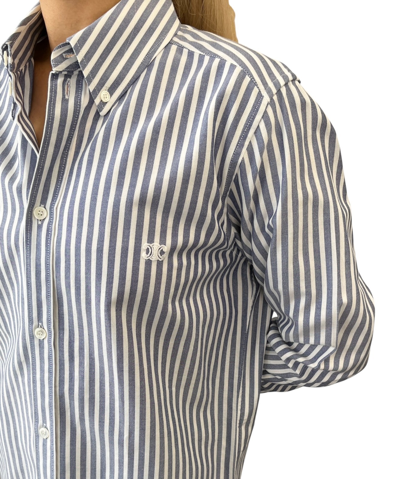 CELINE Triomphe Logo Stripe Button Up Shirt Long Sleeve #36 Blue White Cotton