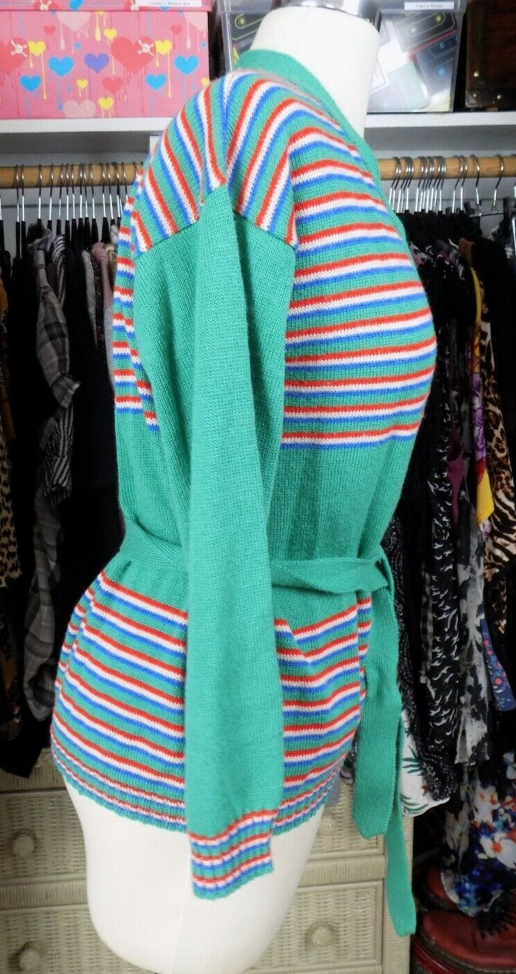 Vintage Sears Mates Junior Bizaar Green Red White Blue Striped Cardigan Medium