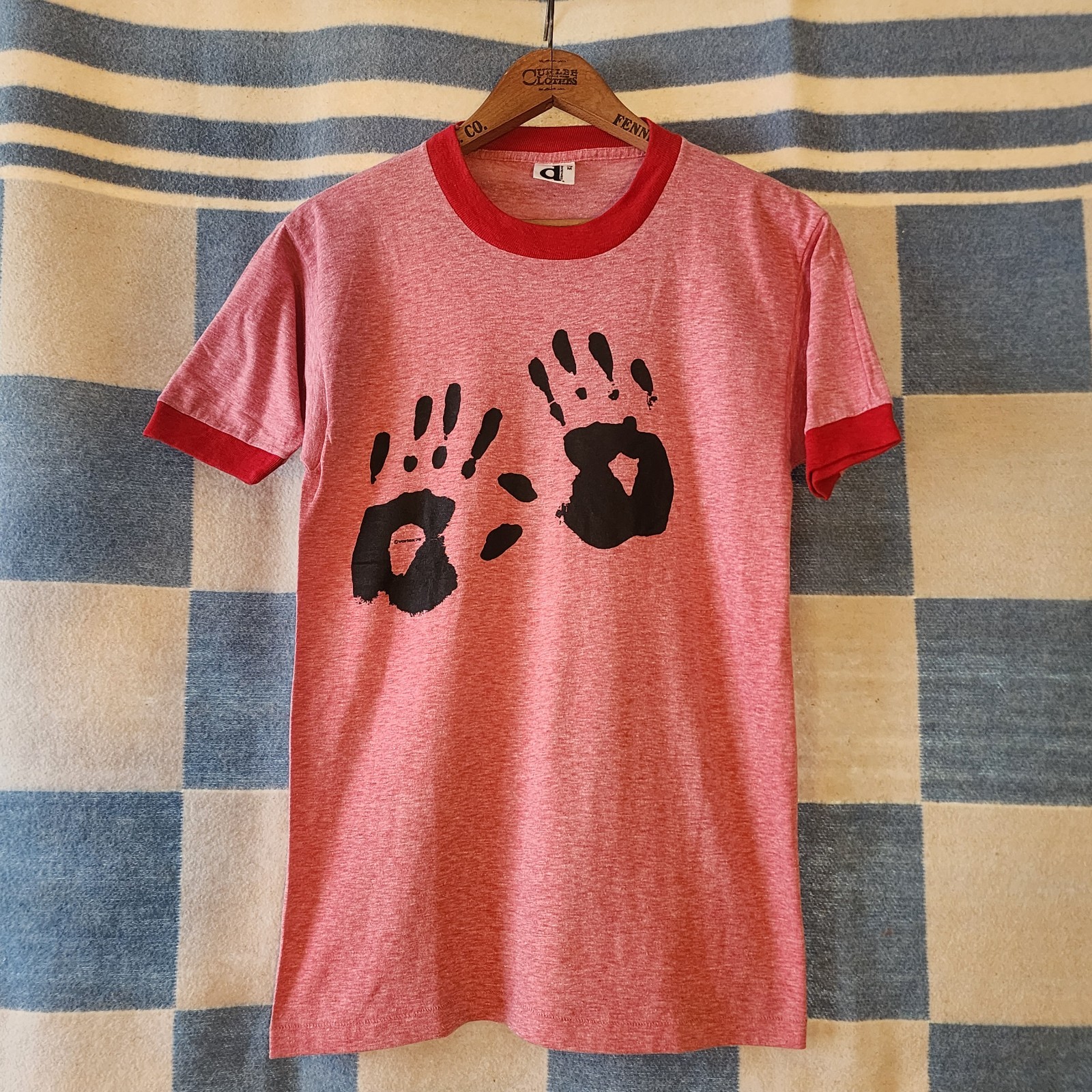 1970s Vintage Graphic Tee Screen Print Ringer T-Shirt Vtg Humor Handprints
