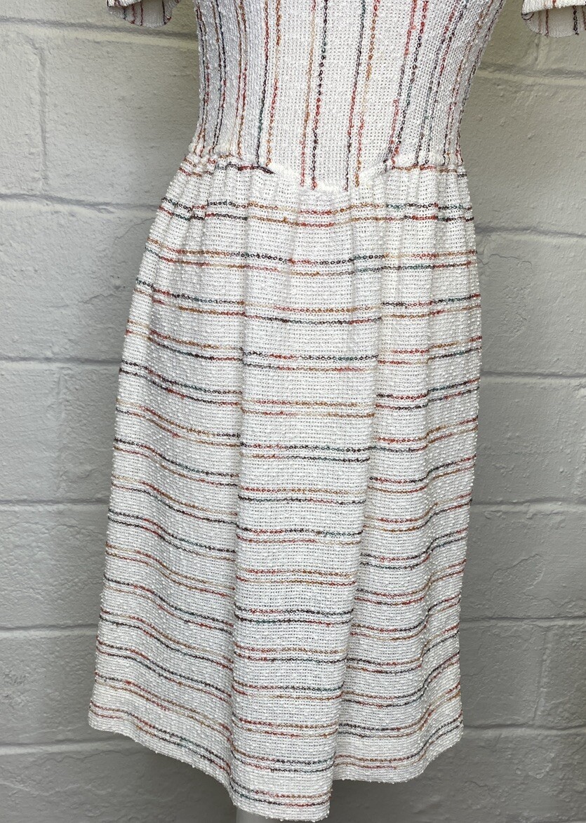 Vtg 70s 80s Day Dress Rainbow Sz 6 Small Nubby Fabric Stripe Resort Cream Woven