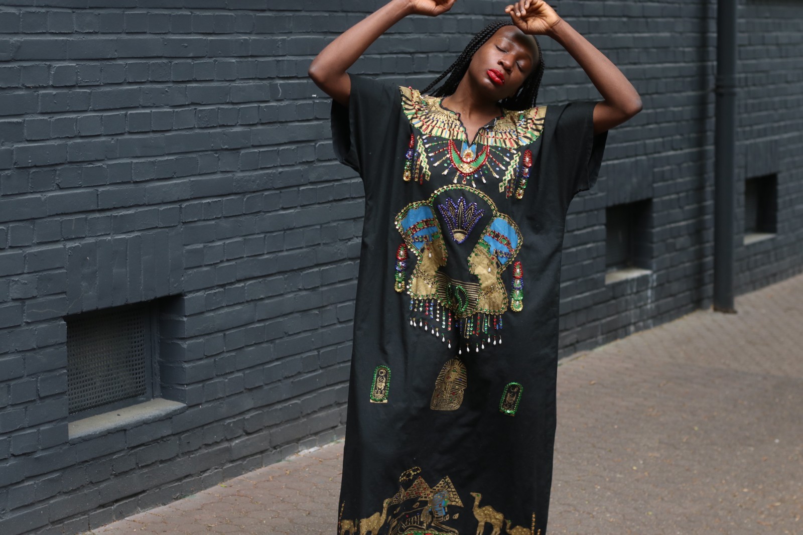 Vintage Egyptian Kaftan Black Gold Embroidered Maxi Dress 70s Boho Caftan