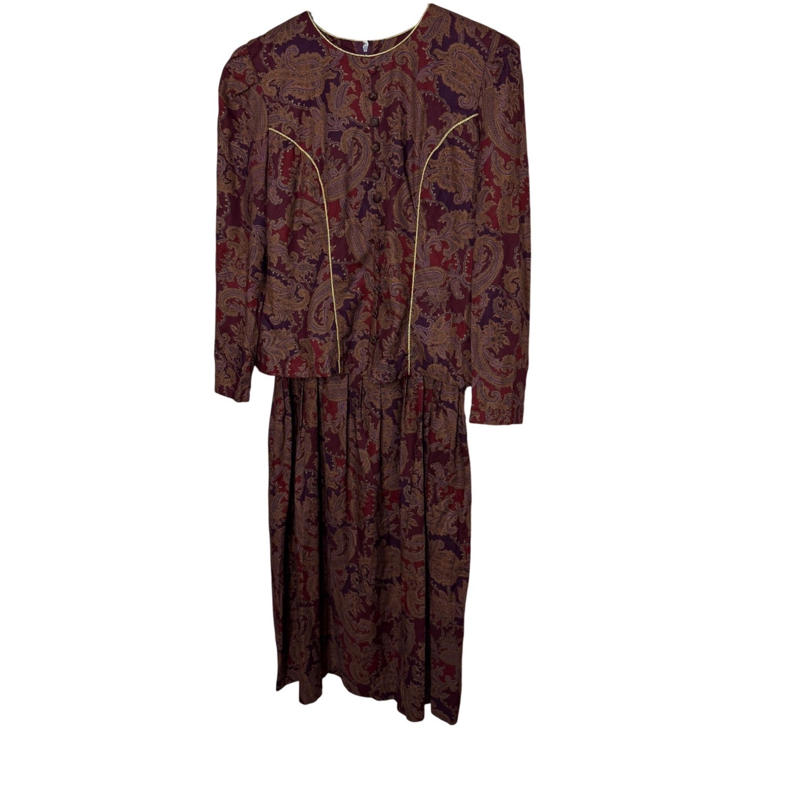 Karin Stevens Petites Vintage Paisley Midi Dress Burgundy Purple Gold Size 4