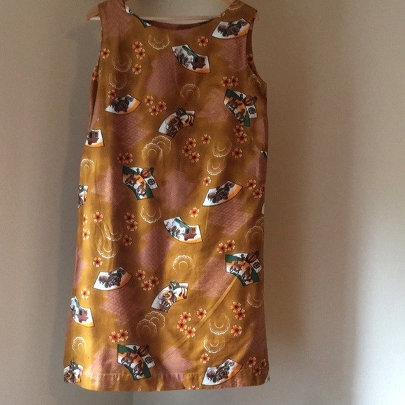 Vintage Hawaiian Shift Dress 1950’s Gold/ rust colors, floral/ horse design