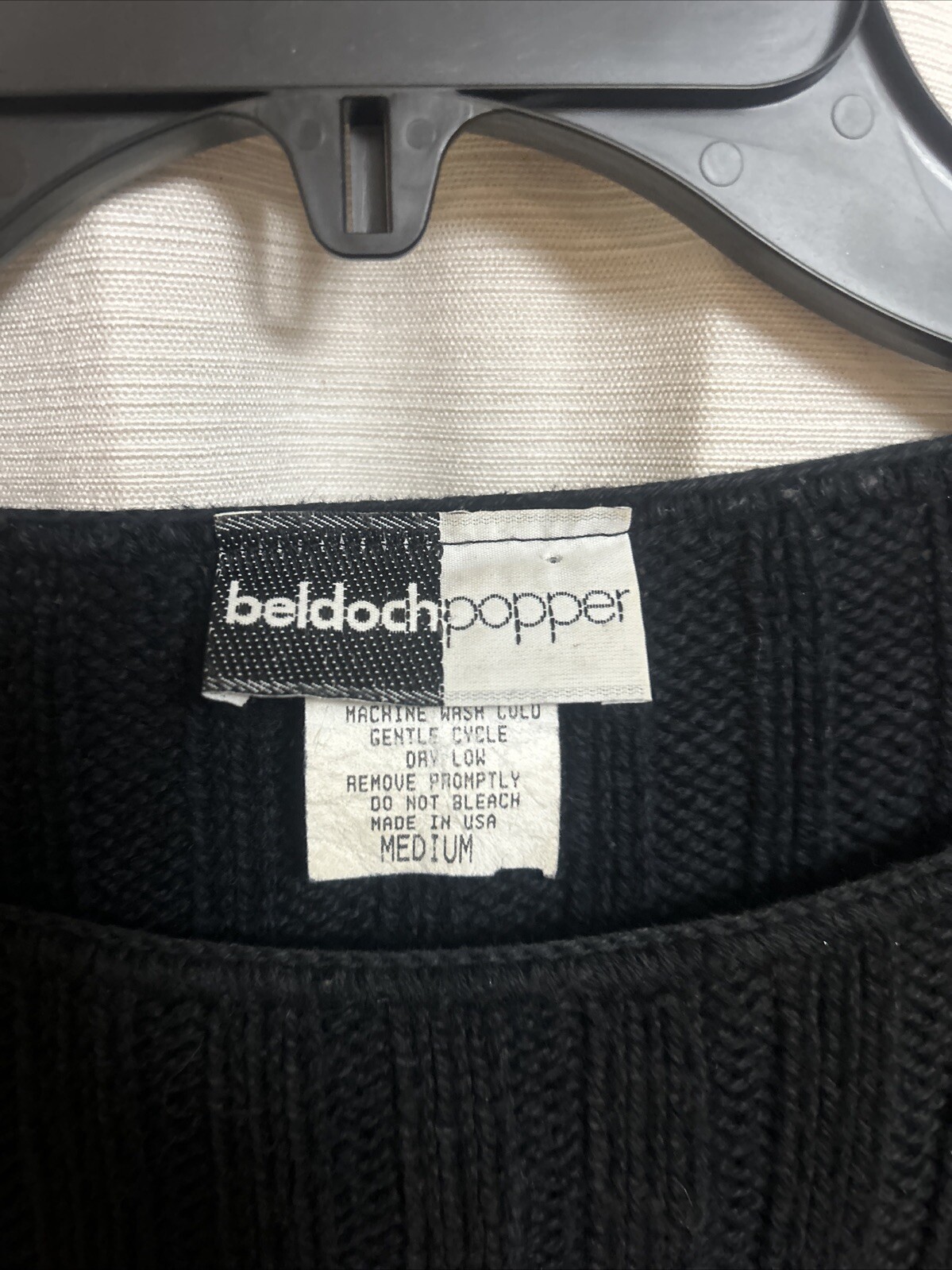 Beldoch Popper USA M Black Long Sleeve Knit Sweater Vintage Cotton Mall Hair T4