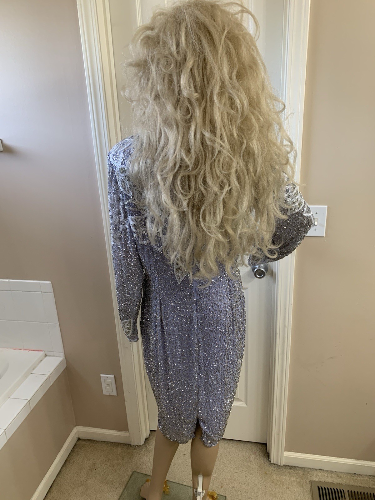 Vintage 80’s Lavender Purple Silver Sequin White Beaded Formal Church Dress
