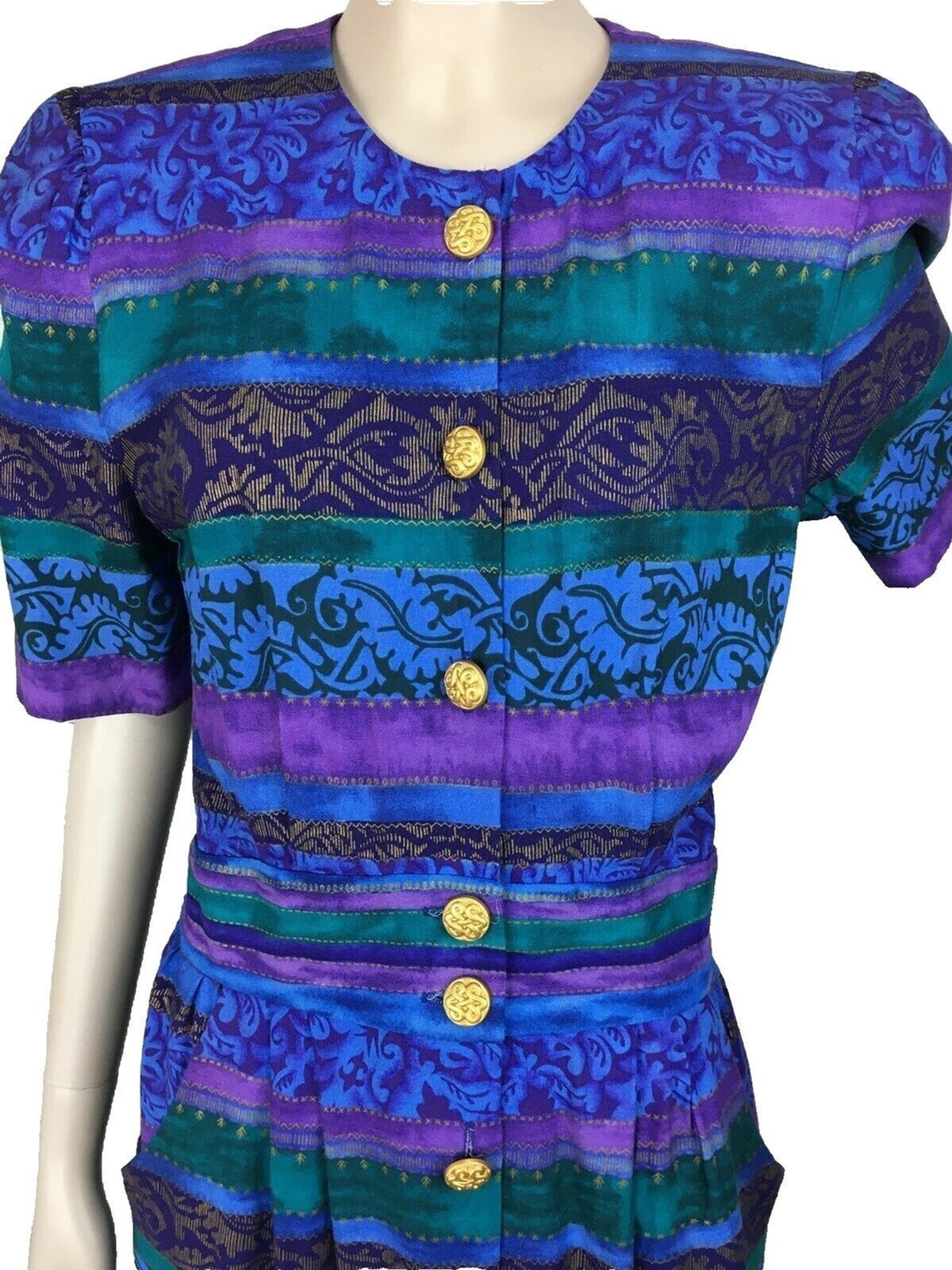 Vintage 80s 90s Positive Attitude Colorful Striped Gold Shirt Dress Size 6