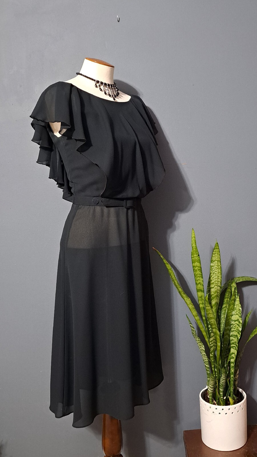 Vintage 1970s Semi-sheer Black Flutter Dress Sz XS/S Surplice Backless