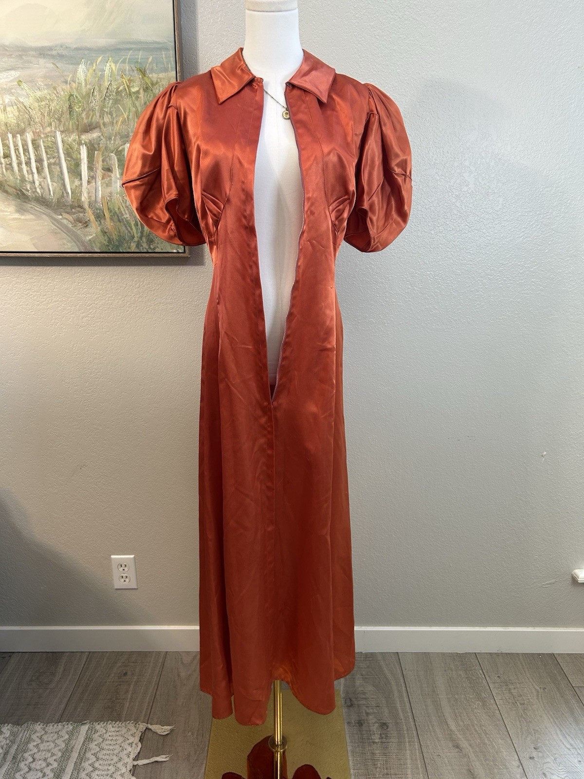 Vintage 1930’s Burnt Orange Satin Puff Sleeves Maxi Dress Dramatic XS/S