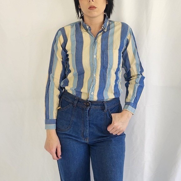 60s/70s Blue and Cream Striped Button Down