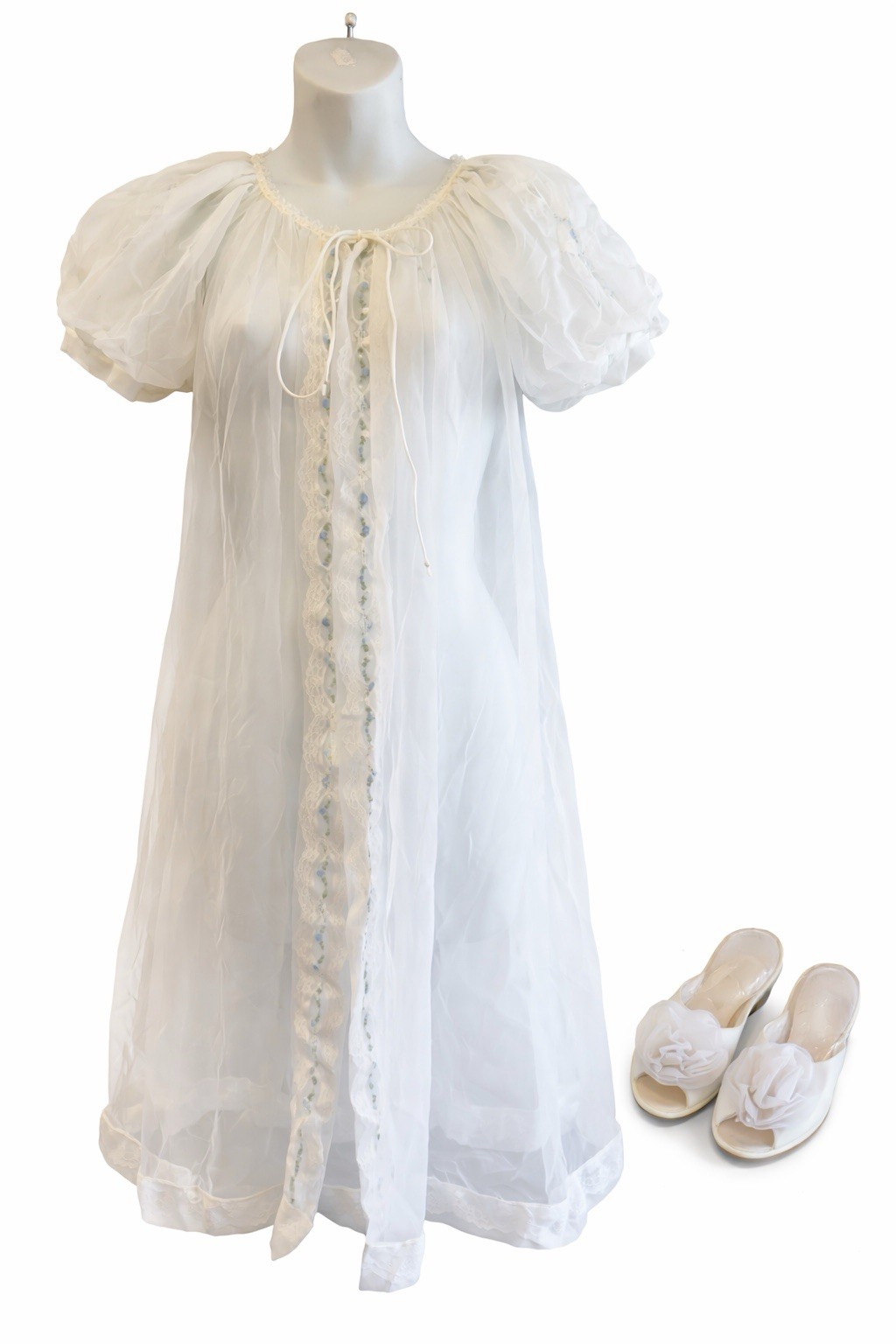 Vtg 50s Miss Elaine White Lace Chiffon Nylon Nightgown Lingerie & Slippers Sz S