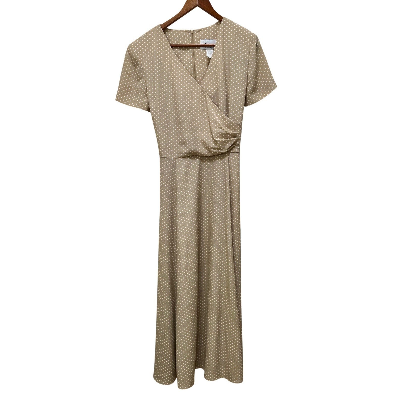 D.J. Summers VTG Polka Dot Faux Wrap Midi Dress Tan White Size 14 Made in USA