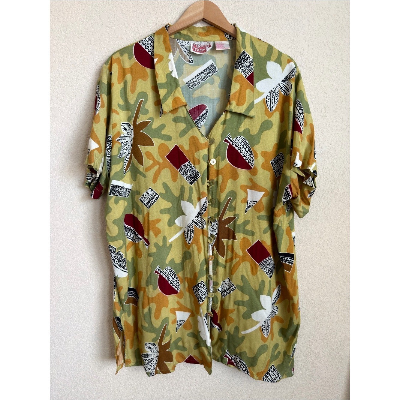 Vintage 90s Art Teacher Pottery Print Rayon Tunic Plus Size 22 Rosey Tomato Boho