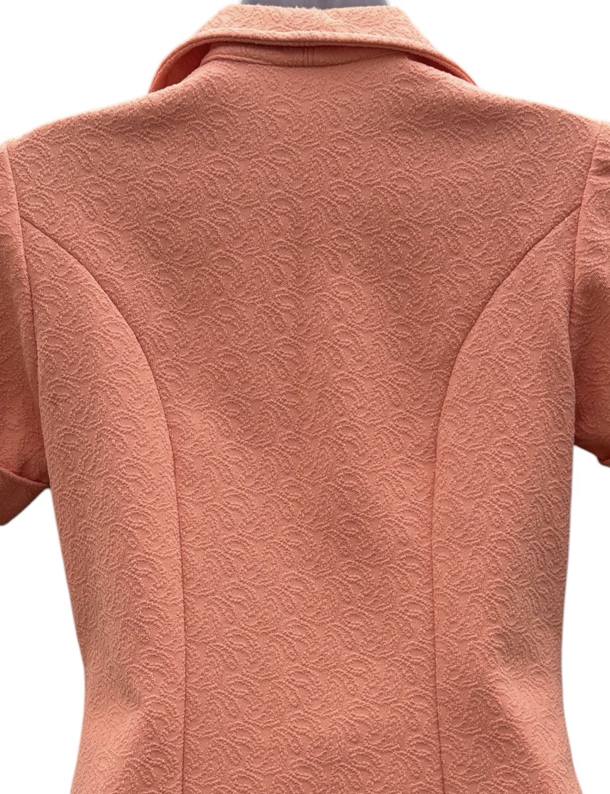 Vintage 70s Coral Beaded Jacket, Mrs Roper Style Polyester Knit Top S/M