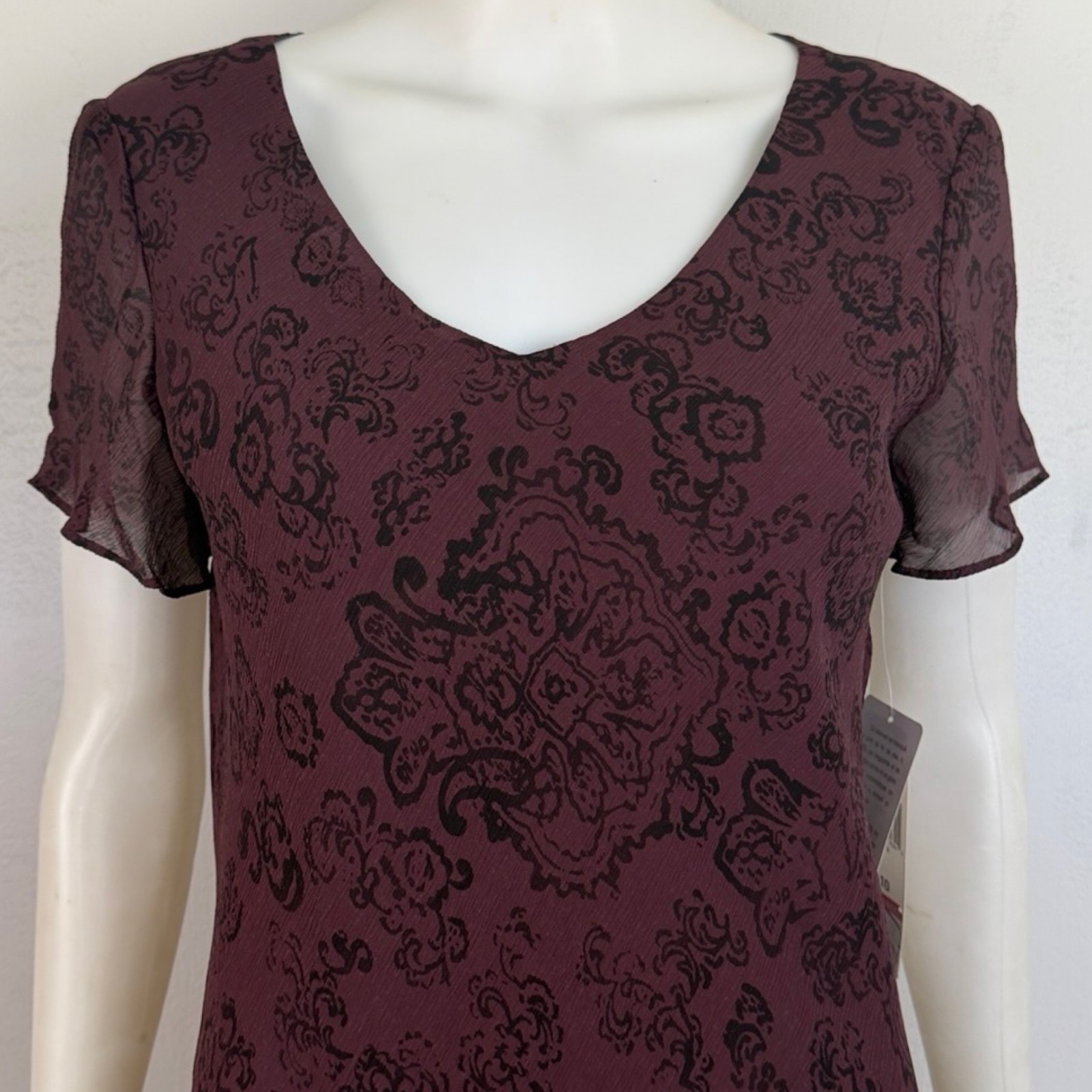 Vintage Bias Cut Silk Dress Size Small 90s Purple Filigree Damask Print Wiggle