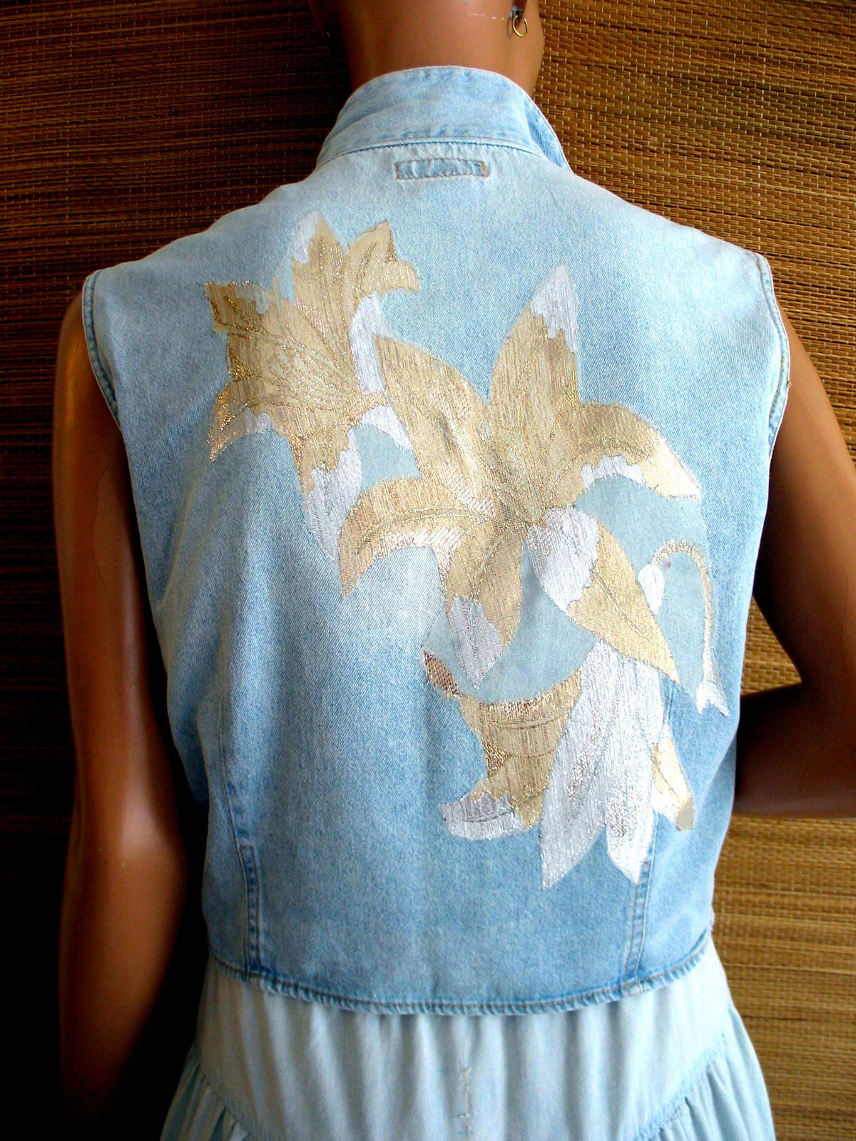 Embellished matching VTG denim Gap skirt and jeans + Union Bay vest set, sz S/M