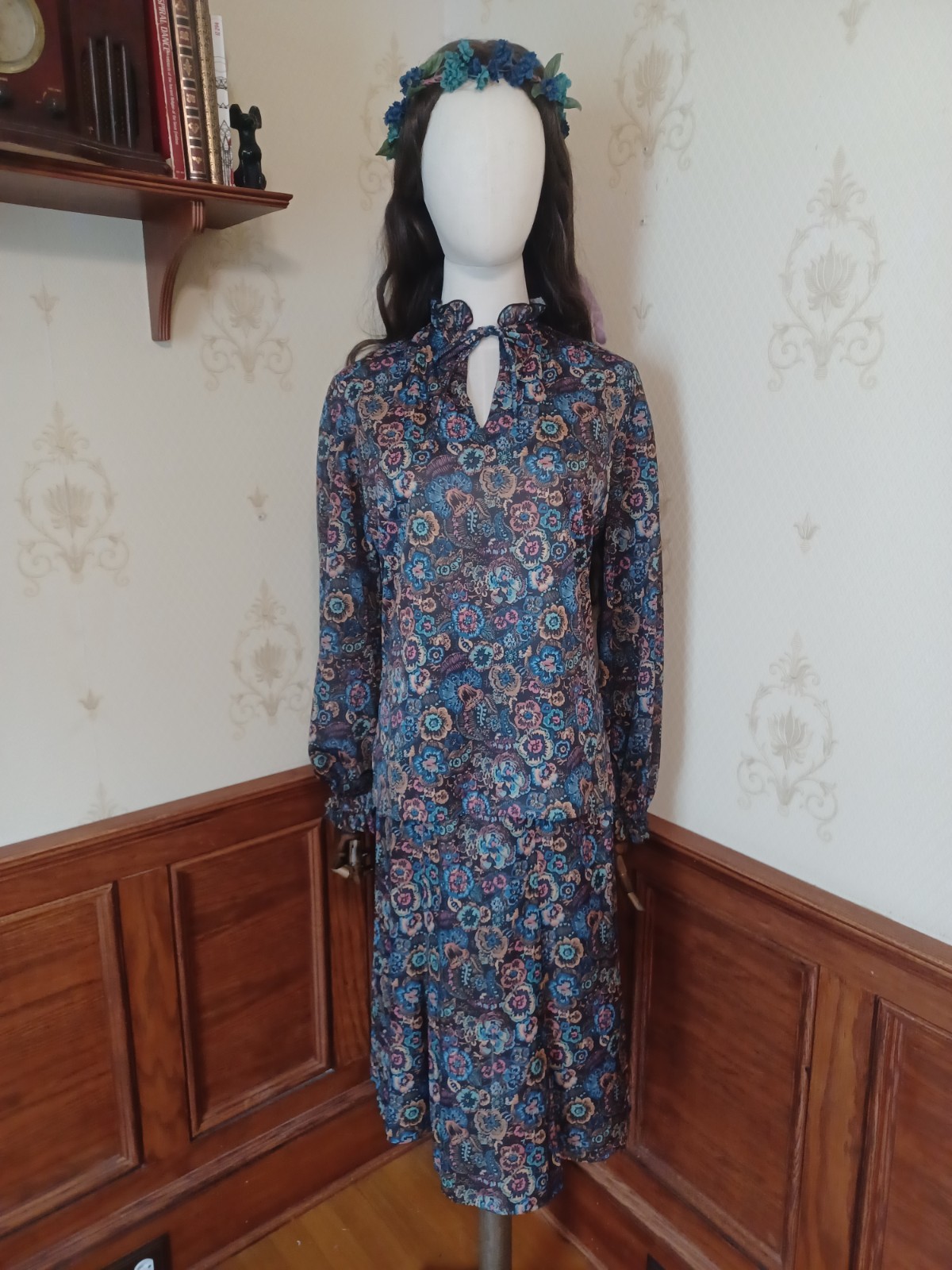 Vintage 1970s Blue Green Paisley Boho High Neck Victorian-Style 2 Piece Dress
