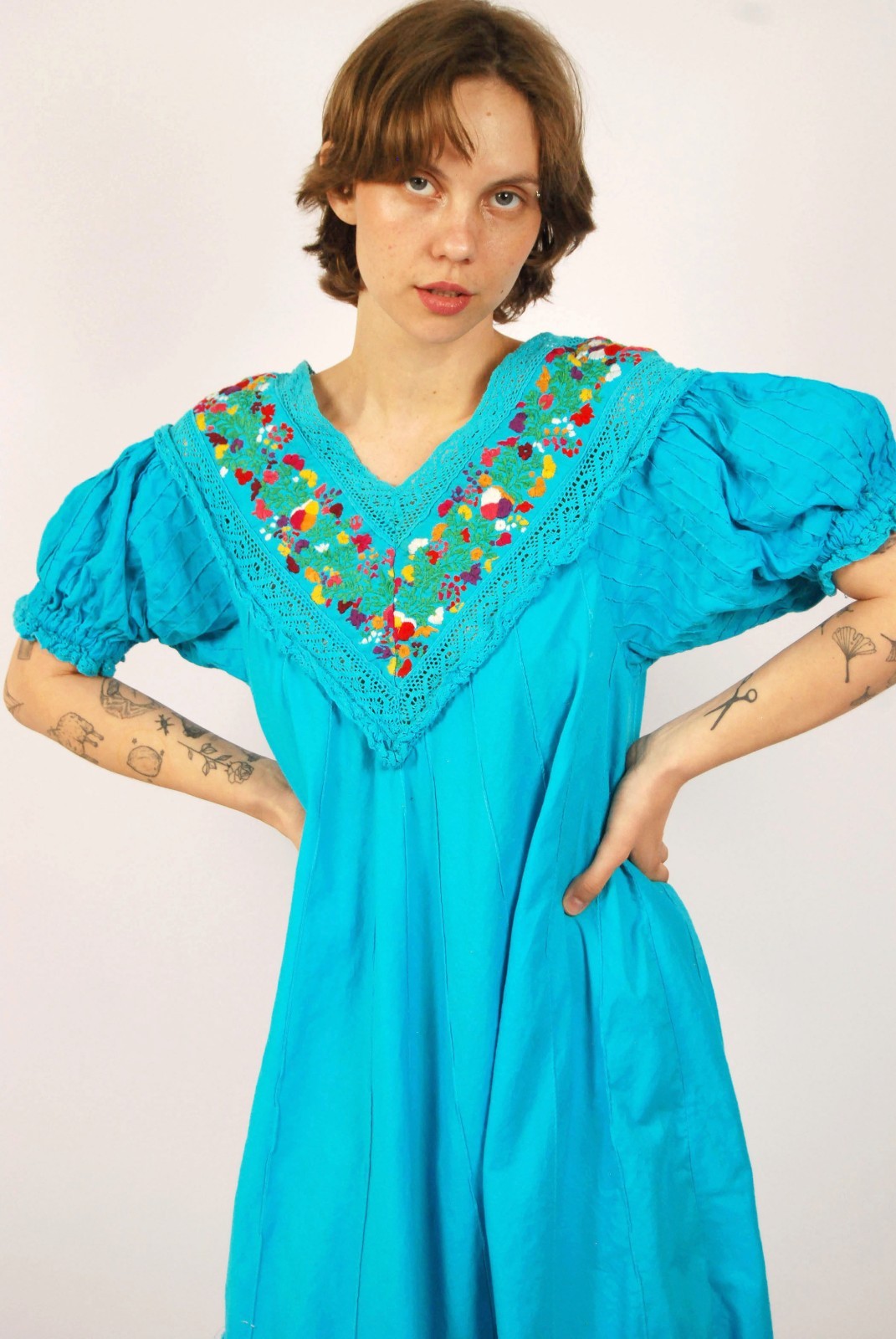 70s Mexican Embroidered Dress (L) large blue vintage shift floral boho sundress