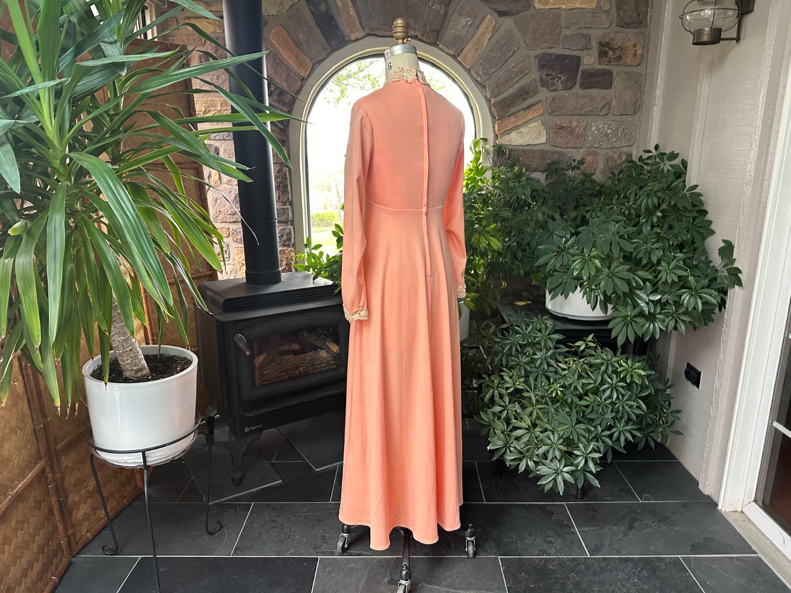 Vintage 1970s Apricot Knit and Ivory Lace Maxi Dress